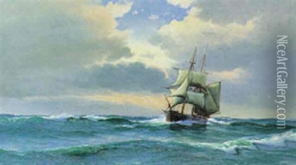 Marine Med Sejlskibe I Solnedgangen Oil Painting - Vilhelm Victor Bille