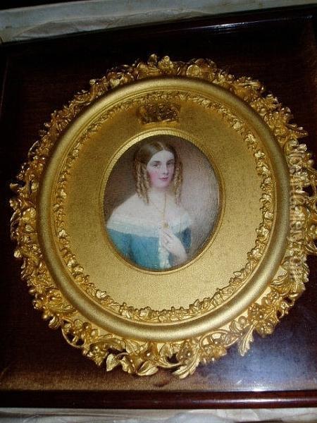 A Portrait Of A Young Lady, Her Fair Hair In Ringlets And Wearing A Blue Gown With Lace Trimming And Gold Jewellery Oil Painting - William Egley