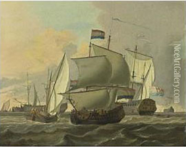 Merchantmen, A Kaag And Other Sailing Vessels In A Stiff Breeze Oil Painting - Adam Silo