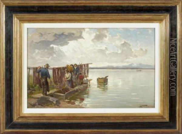 Fischer Am Chiemseeufer Beim Aufhangen Der Netze Oil Painting - Josef Wopfner