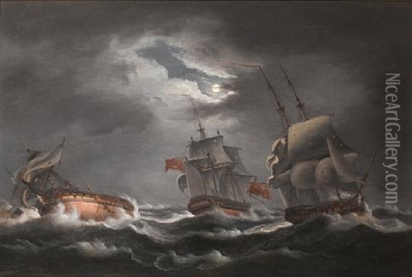 An Anglo-french Naval Engagement During The French Revolutionary (+ Napoleonic Wars; Pair) Oil Painting - Thomas Luny
