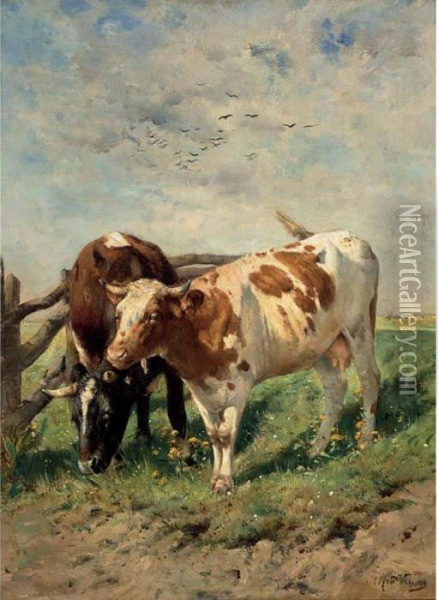 Cows In A Landscape Oil Painting - Louis Pierre Verwee