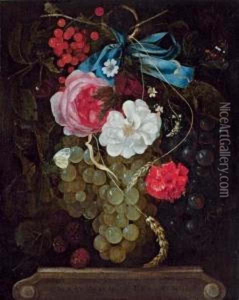 A Carnation, Roses, Grapes, Redcurrants And Berries Hanging From A Blue Ribbon, With Butterflies, Above An Entablature Oil Painting - Maria van Oosterwyck