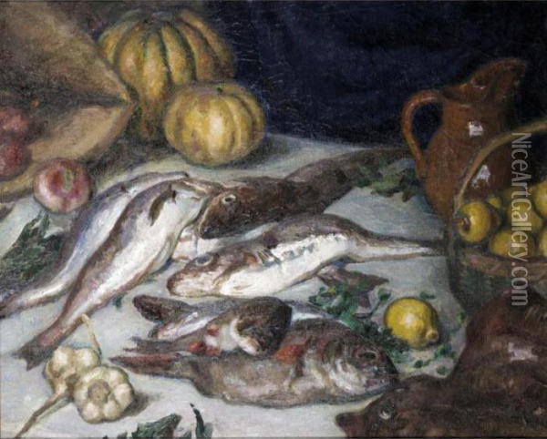 Still Life With Fish Oil Painting - David O. Widhopff