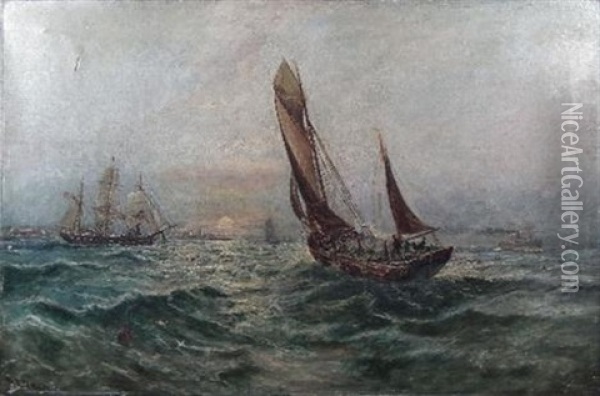 Fishing Boat On A Choppy Sea With Coastline In The Distance Oil Painting - Bernard Benedict Hemy