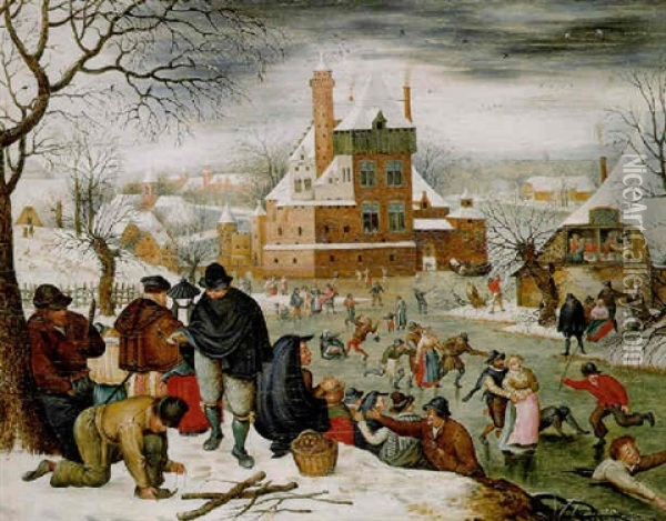 A Winter Landscape With Peasants Skating And Playing Kolf On A Frozen River, A Town Beyond Oil Painting - Pieter Brueghel the Younger