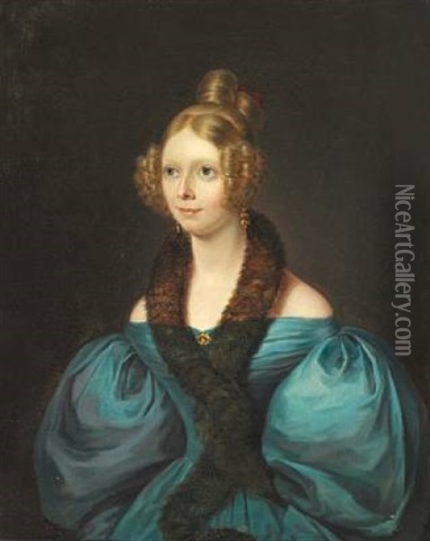 Portrait Of Baroness Mimi Lovenskiold. Presumably Marie Caroline Vilhelmine Lovenskiold (1821-1862) Oil Painting - Emilius Baerentzen
