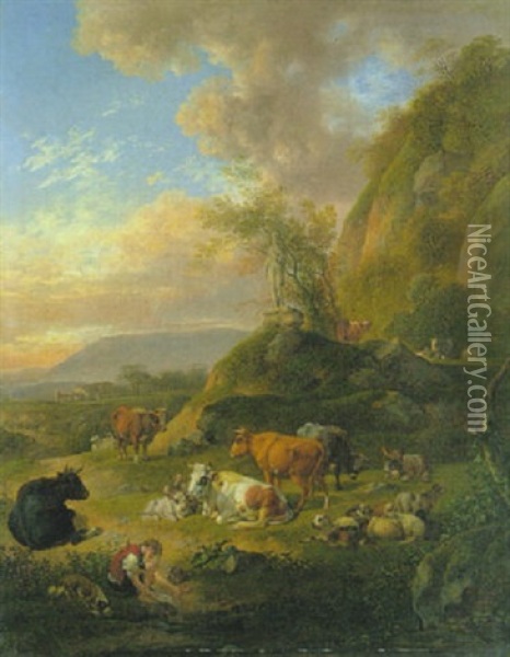 Hirtenknabe Mit Vieh Auf Einer Anhohe Oil Painting - Johann Christian Klengel
