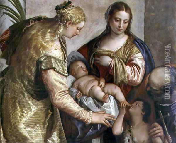 The Holy Family with St. Barbara, c.1550 Oil Painting - Paolo Veronese (Caliari)