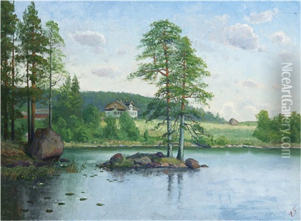 House By A Lake Oil Painting - Ellen Favorin