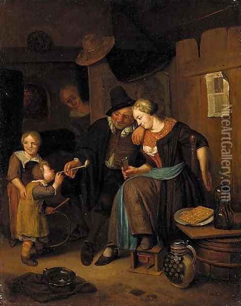 An interior scene with a couple and children Oil Painting - Richard Brakenburgh