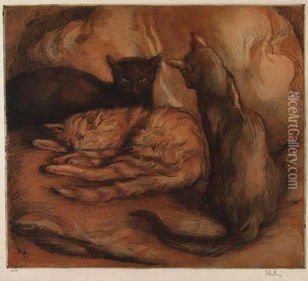 Les Trois Chats Oil Painting - Alfredo Muller