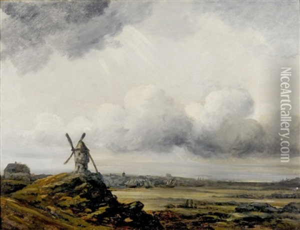 Paysage Au Ciel Orageux Et Moulin Oil Painting - Georges Michel