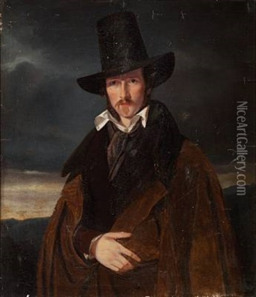 Wilhelm Bendz German Friend, Painter Wilhelm Kaulbach (1805-1874) In A Bavarian Landscape Oil Painting - Wilhelm Ferdinand Bendz