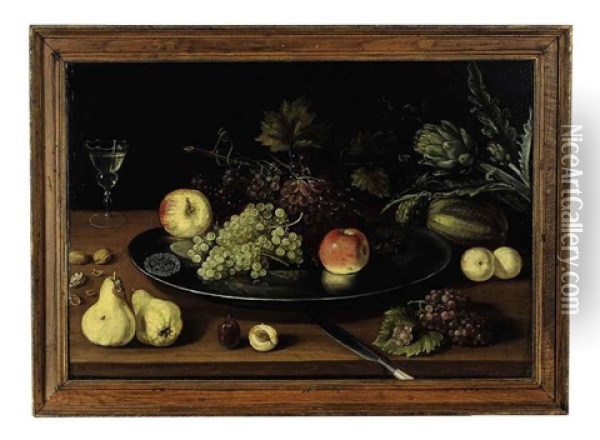 Still Life Of Fruit, Walnuts, Artichokes And A Glass Of Wine On A Table Oil Painting - Jacob Fopsen van Es