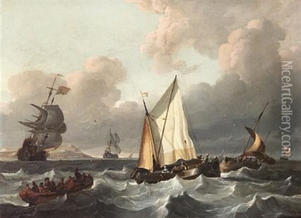 A Smalschip And Other Boats In A Swell Oil Painting - Wigerus Vitringa