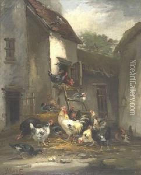 Chickens In A Farmyard Oil Painting - Claude Guilleminet