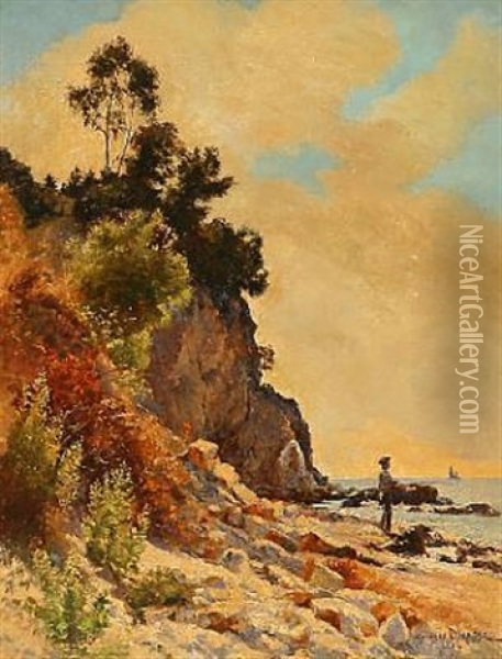 Coastal Scene With A Boy Fishing Oil Painting - Georges Paul Joseph Darasse