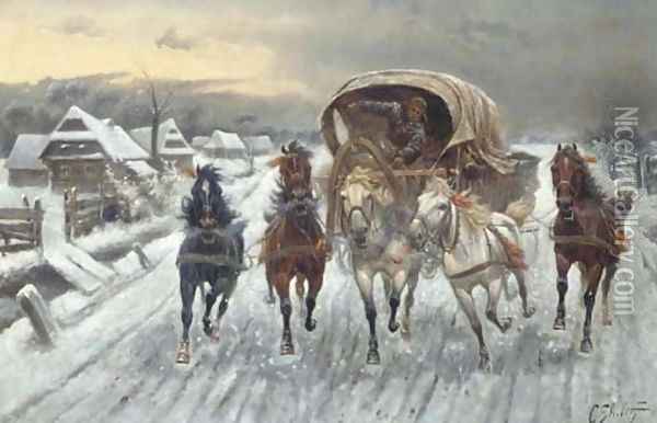 A Russian Caravan racing in the Snow Oil Painting - Constantin Stoiloff