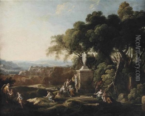 Females Making Offerings To A Statue Of Ceres In A Wooded Landscape, A Village And Mountains Beyond Oil Painting - Pierre Antoine Patel