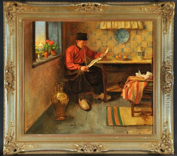 Niederlandisches Stubeninterieur Mit Lesendem Herren Am Tisch Oil Painting - Carl Schmitz-Pleis
