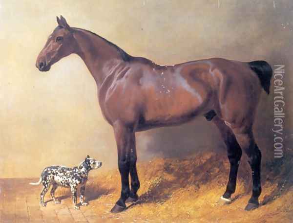 A Bay Hunter and Spotted Dog in a Stable 1846 Oil Painting - John Frederick Herring Snr