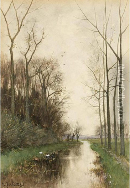 A Ditch In A Polder Landscape Oil Painting - Fredericus Jacobus Van Rossum Du Chattel