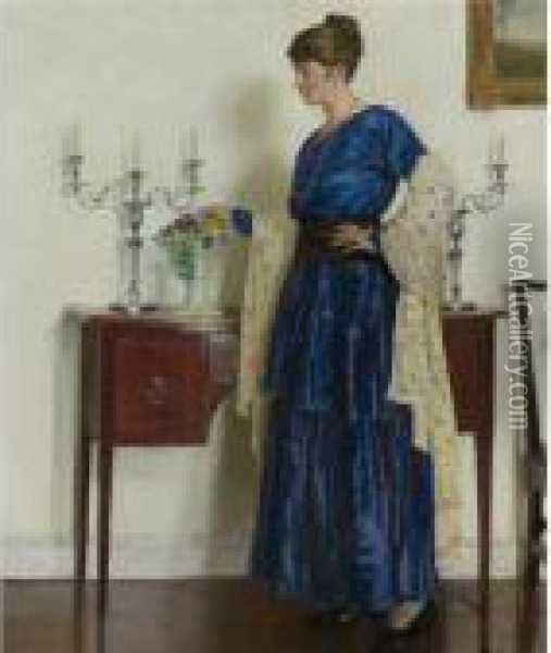 Woman By The Sideboard, Portrait Of The Artist's Wife Gertrude Oil Painting - Harvey Harold