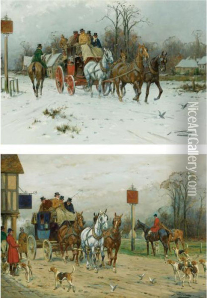 Coaching By The White Lion Inn And The Red Fox Inn Oil Painting - George Wright