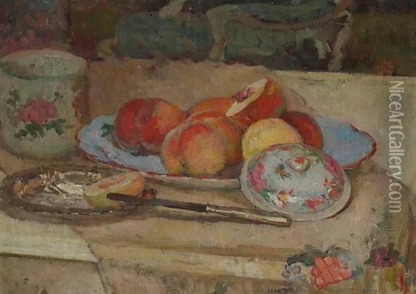 Nature Morte Aux Peches. Oil Painting - Louise Brohee