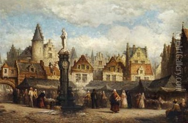 Market Scene In A Belgian Town (antwerp?) Oil Painting - Hendrik Frans (Henri) Schaefels