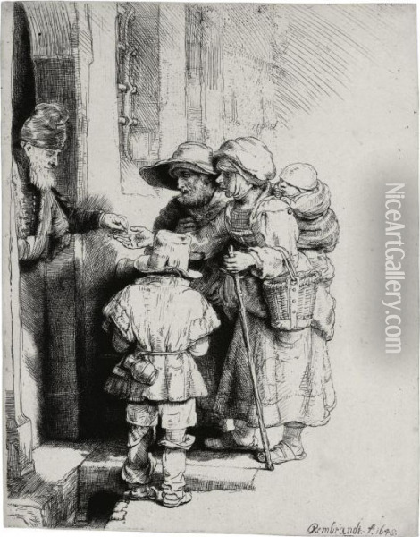 Beggars Receiving Alms At The Door Of A House Oil Painting - Rembrandt Van Rijn