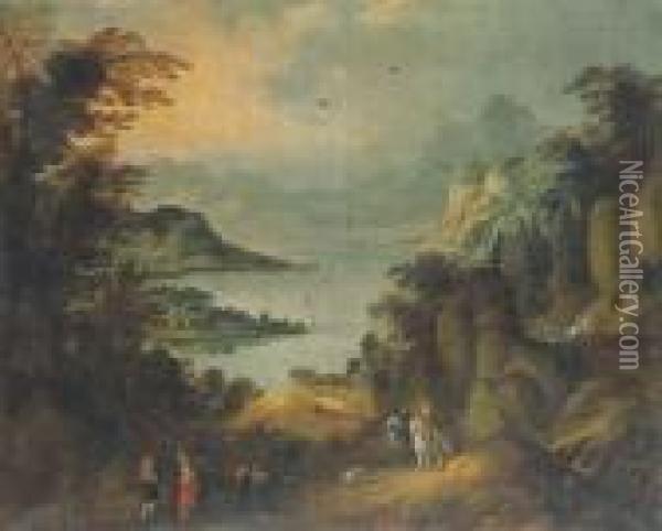 Promeneurs Au Bord D'un Lac, Dans Un Paysage Alpin Oil Painting - Joos De Momper