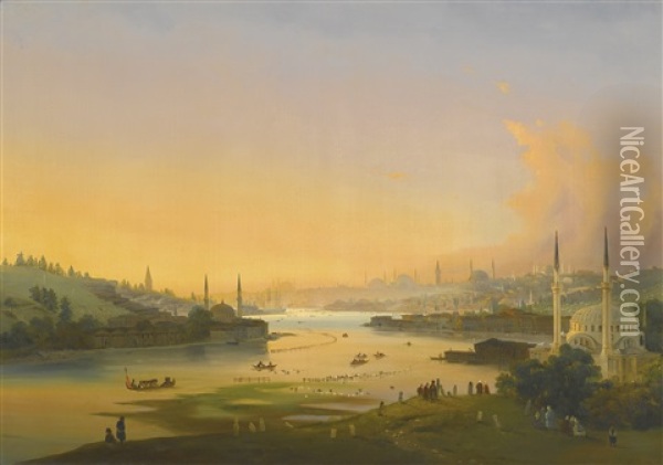 Sunrise Over The Golden Horn Oil Painting - Ippolito Caffi