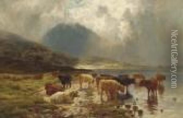 Highland Cattle Watering By A Loch Oil Painting - Louis Bosworth Hurt