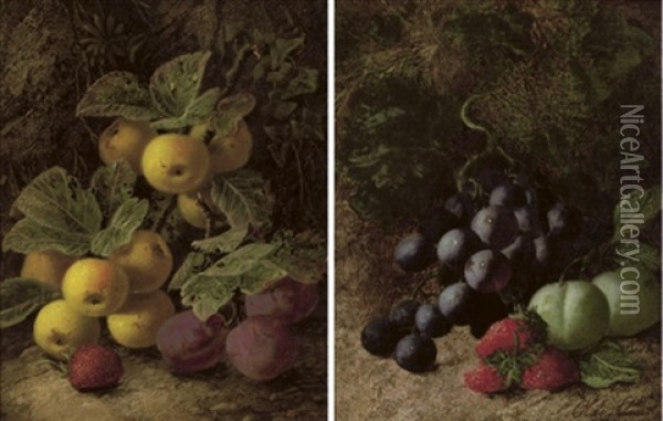 Plums And Strawberrry (+ Grapes, Green Plums And Strawberries; Pair) Oil Painting - Oliver Clare