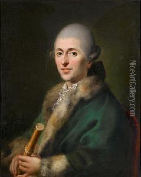 Portrait Of A Musician, Half-length, In A Green, Fur-trimmed Coat And Holding A Flute Oil Painting - Jens Juel