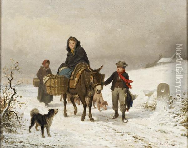 Donkey Ride In The Snow Oil Painting - Louis Simon Lassalle
