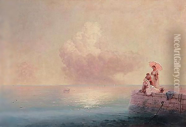 Elegant ladies fishing at the water's edge Oil Painting - Ivan Konstantinovich Aivazovsky