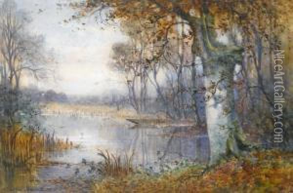 Landscape With Silver Birches And A Lake Oil Painting - Thomas Tayler Ireland