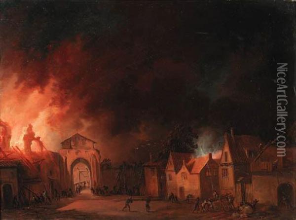 A View Of A Village On Fire Oil Painting - Egbert van der Poel