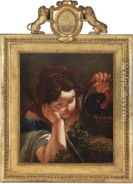 A Young Girl Holding A Hen In A Basket In Her Left Hand Oil Painting - Francesco Fontebasso