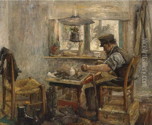 A Cobbler At Work Oil Painting - Adriaan Philippus La Riviere