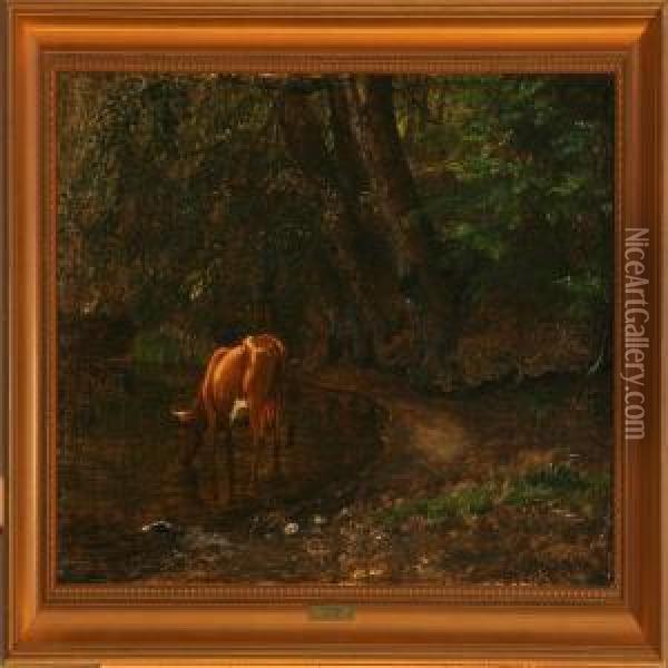 Cow Watering In Alake In The Forest Oil Painting - P. C. Skovgaard