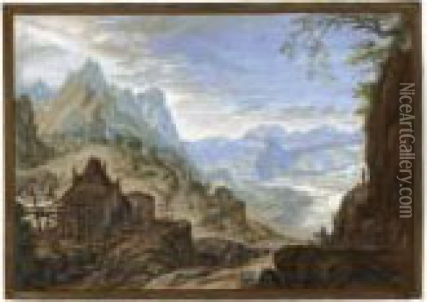 Rhine Landscape, With A 
Watermill To The Left And A Group Of Travellers At A Spring To The Right Oil Painting - Abraham Rademaker