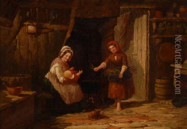 Women And Child In A Country Cottage Interior Oil Painting - Henry, Hobson Snr.