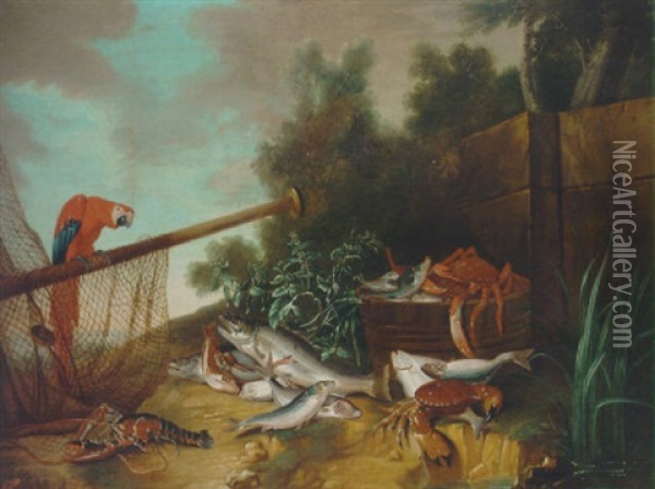 A Barrel With A Spider Crab And Fish, With Other Fish, A Crab And A Lobster On A Bank, With A Macaw Perched On A Spar Draped By A Net Oil Painting - Jean-Baptiste Oudry