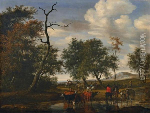 Kuhe An Der Tranke (raubzug) Oil Painting - Salomon van Ruysdael