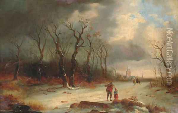 A wayside conversation in a winter landscape Oil Painting - English School