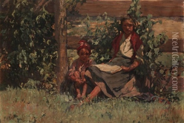 Two Children In A Summer Landscape Oil Painting - Istvan Meroe